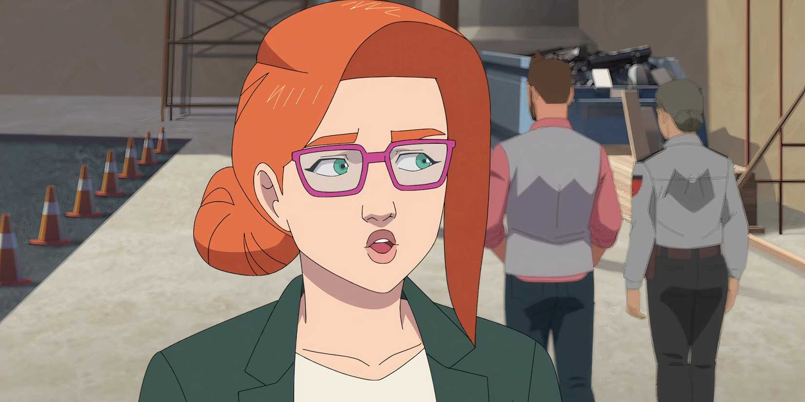 Atom Eve in business attire talking outside a prison in Invincible season 3