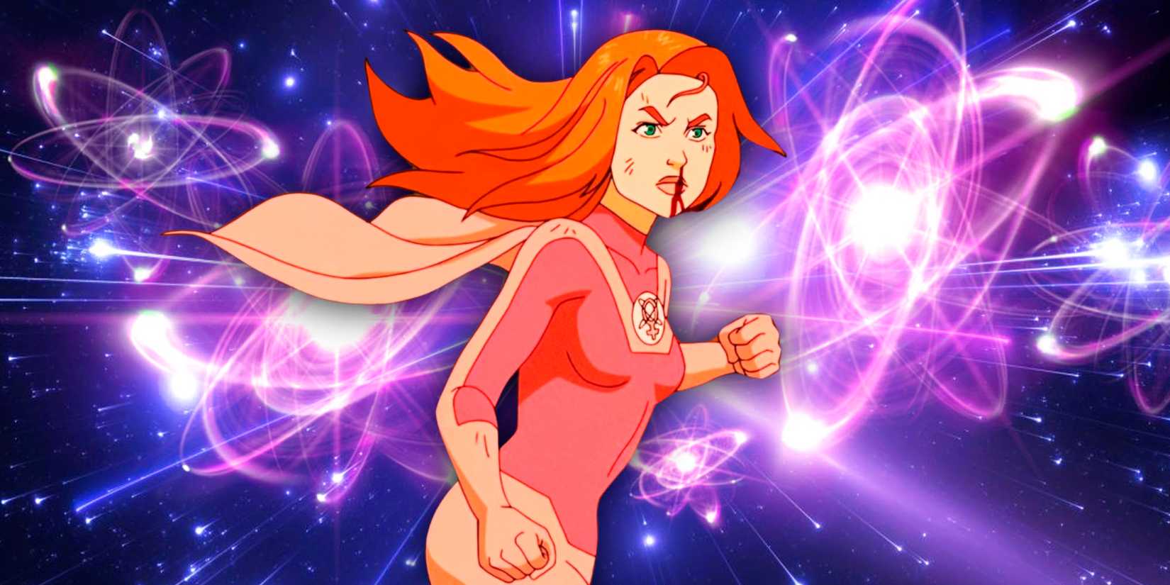 Atom Eve looking angry and ready to fight with blood coming from her nose in Invincible s3