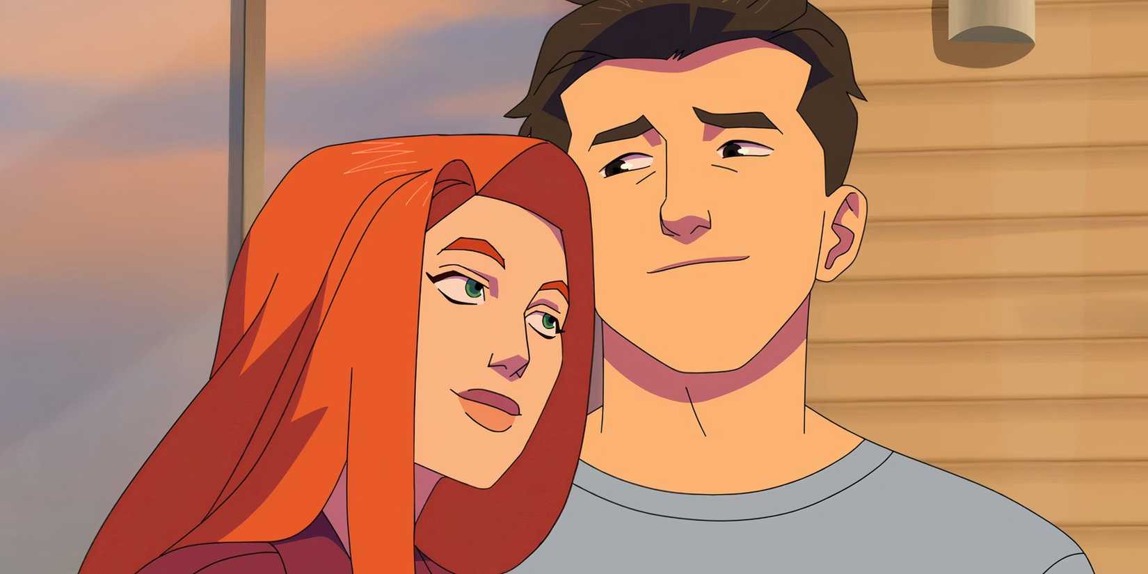 Atom Eve leaning on Mark Grayson's shoulder as they smile in Invincible