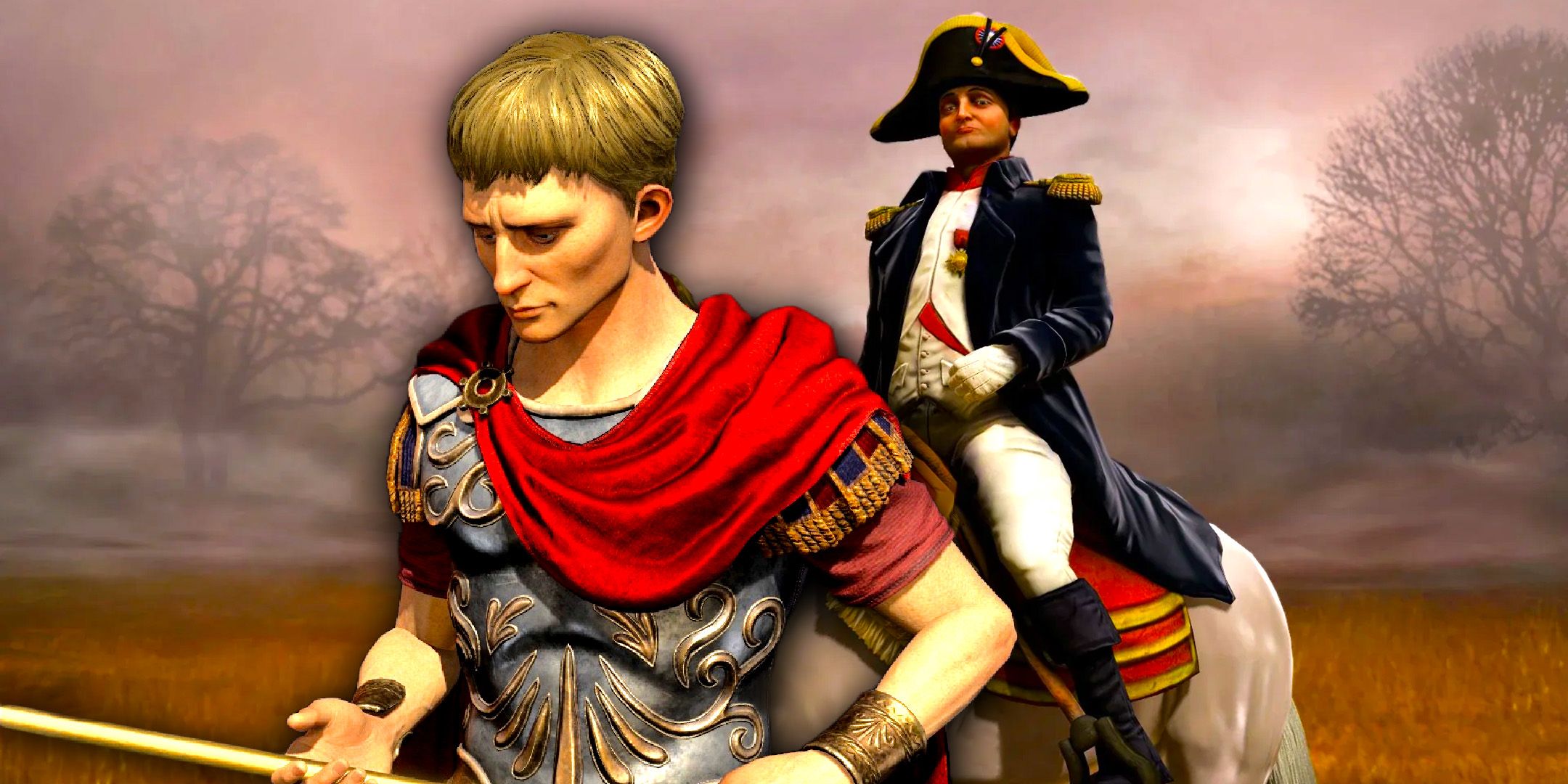 A dejected Augustus from Civ 7 in front of a triumphant Napoleon from Civ 5