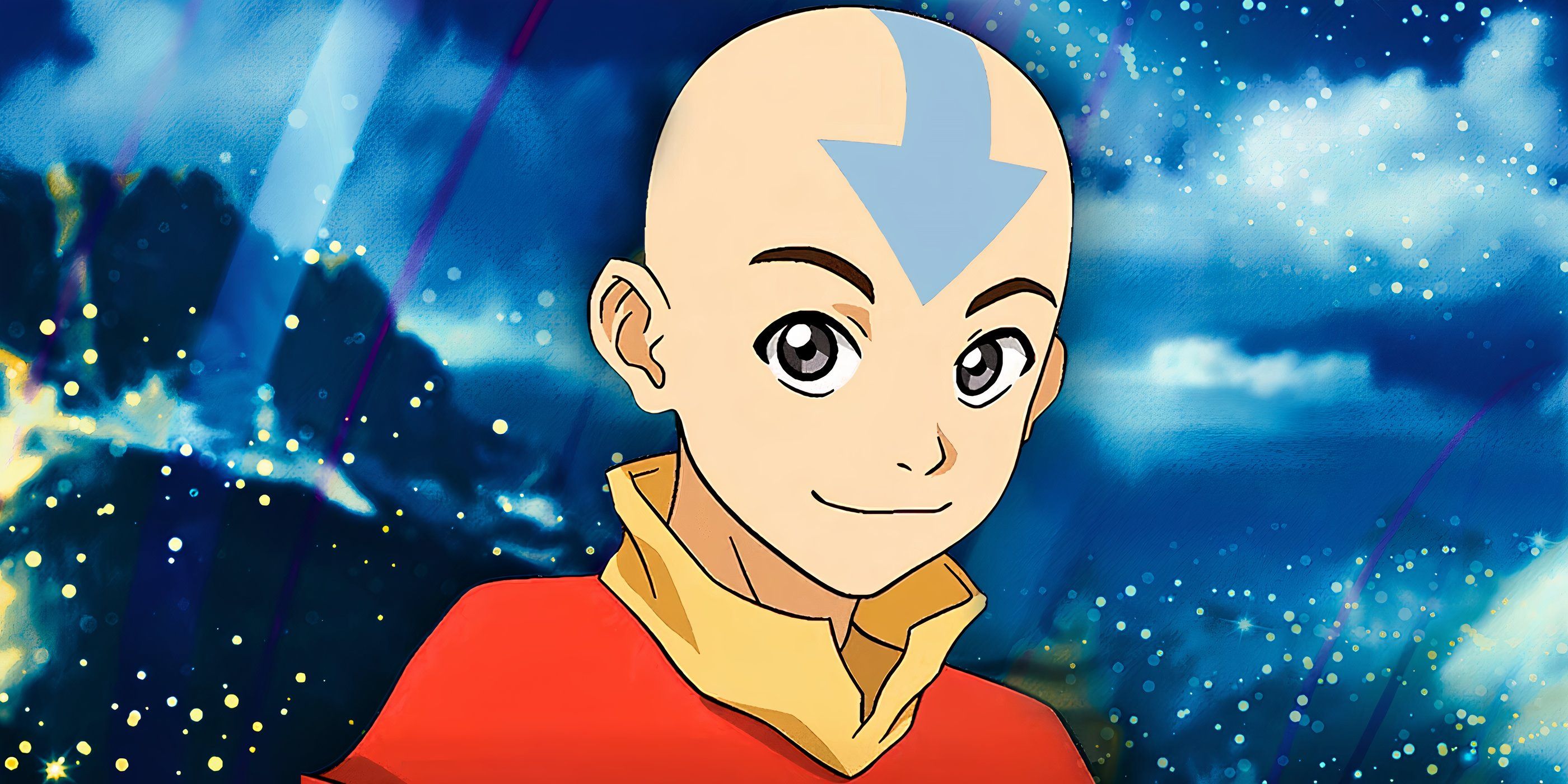 Avatar: The Last Airbender's Aang smiles in front of a cloudy blue background.