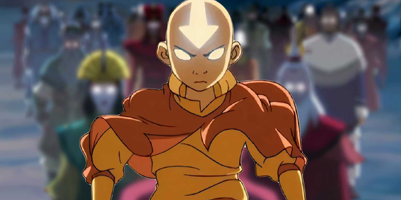 Avatar Aang above a blurred image of the past Avatars from The Legend of Korra (2012-2014)