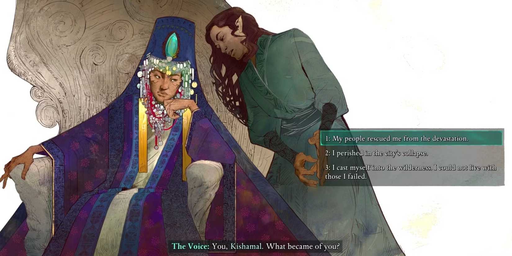 One person leaning in to speak into another's ear. Subtitles at the bottom read, "The Voice: You, Kishamal. What became of you?"