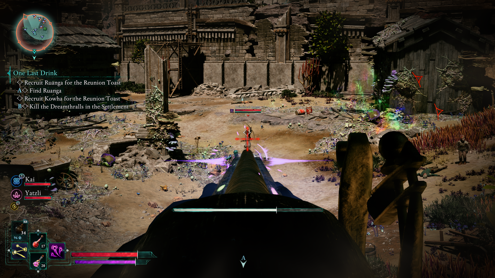 Avowed screenshot aiming down the barrel of an arquebus at an enemy.