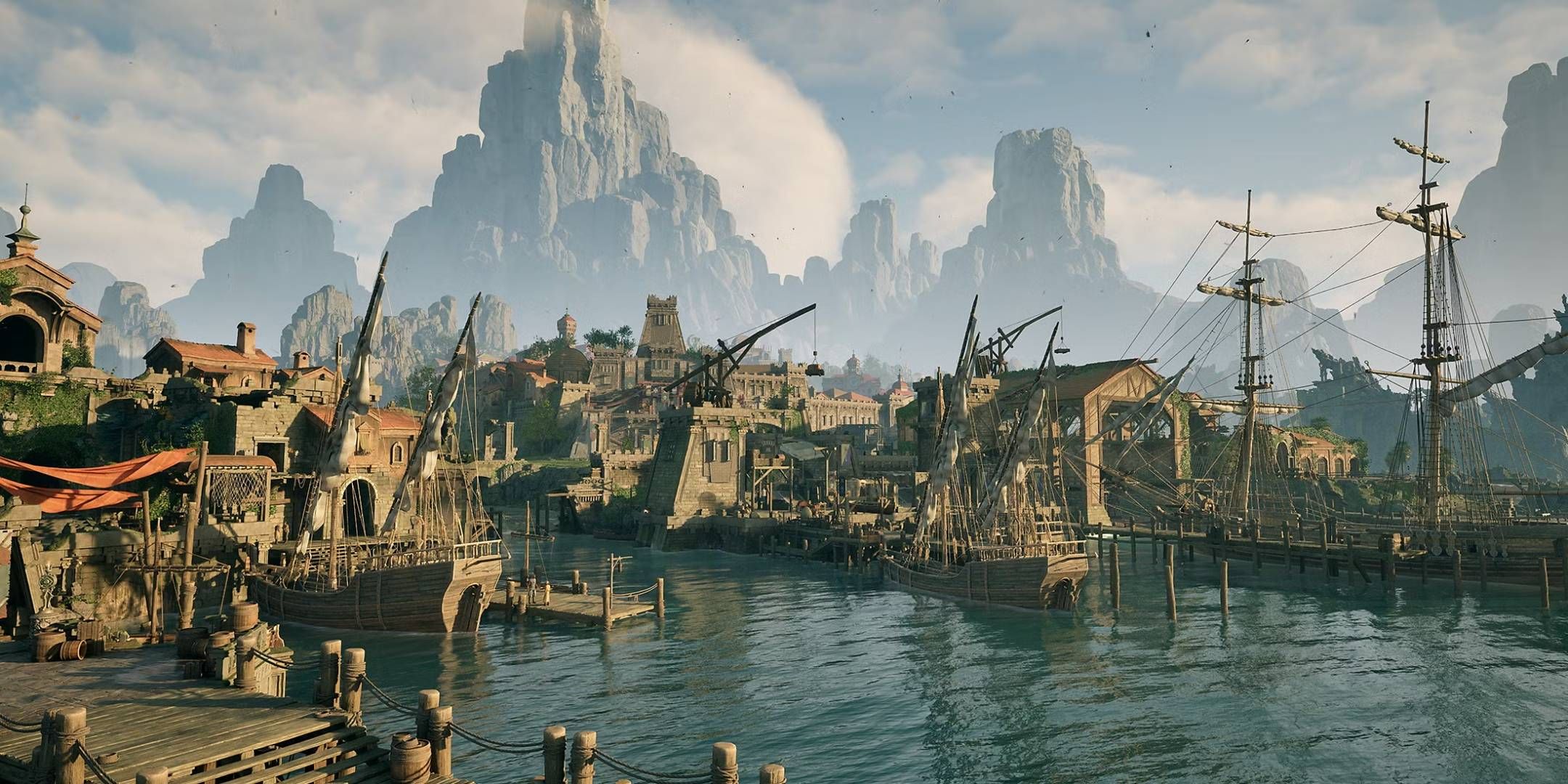 A wide shot of a city harbor with docked ships in Avowed.