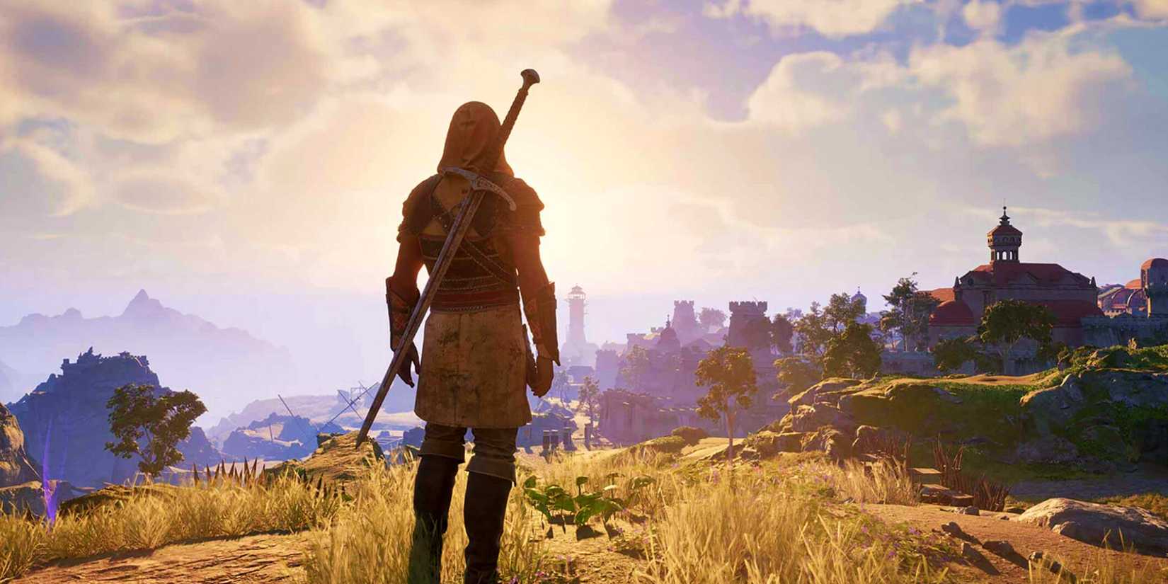 A hooded character looking over the Dawnshore region and the city of Paradis in Avowed.