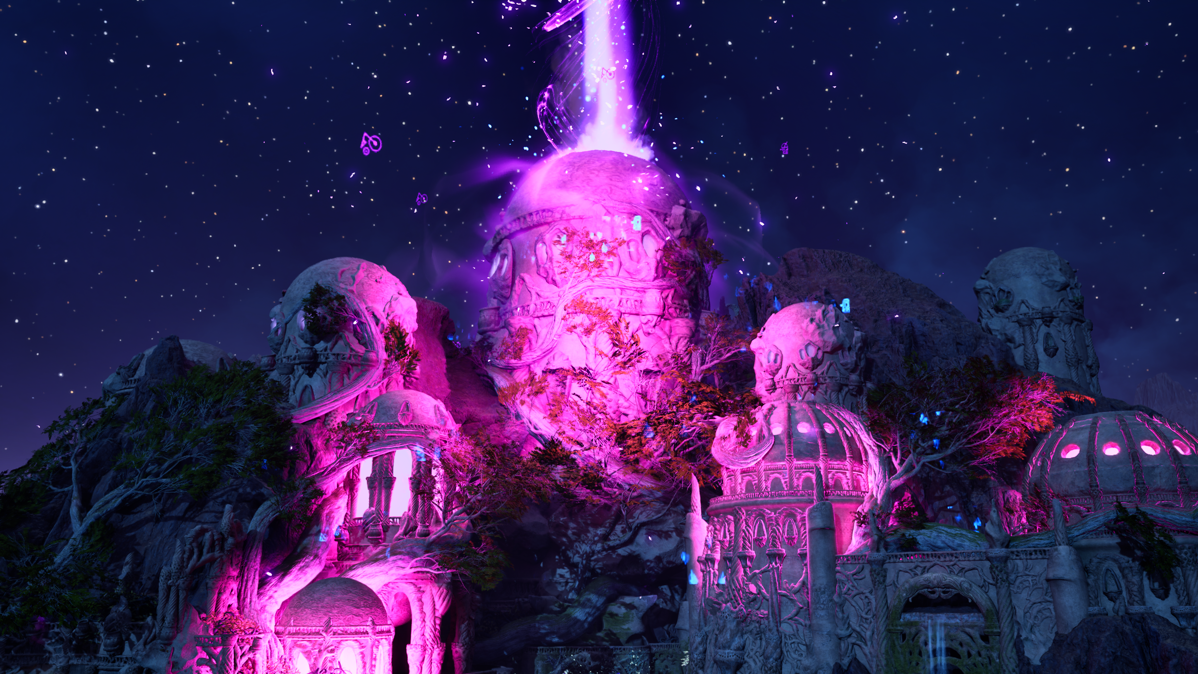 Ancient ruins illuminated in pink by powerful magic.