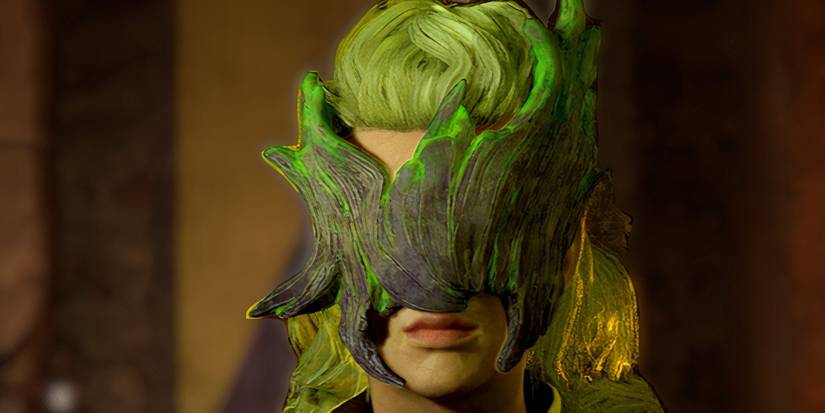 A Godlike in Avowed posing with what looks like wood covering his eyes