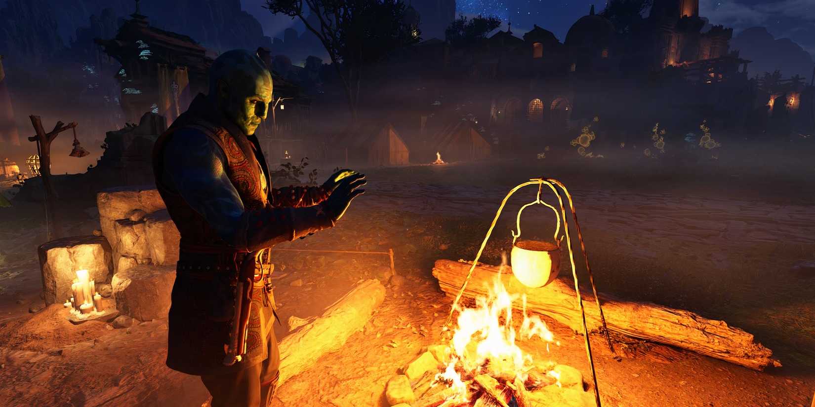 Kai warming his hands on the campfire in Avowed.