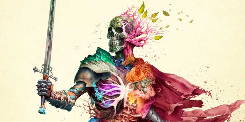 Avowed's key art, showing a Skelton holding a sword, covered in various fungi.