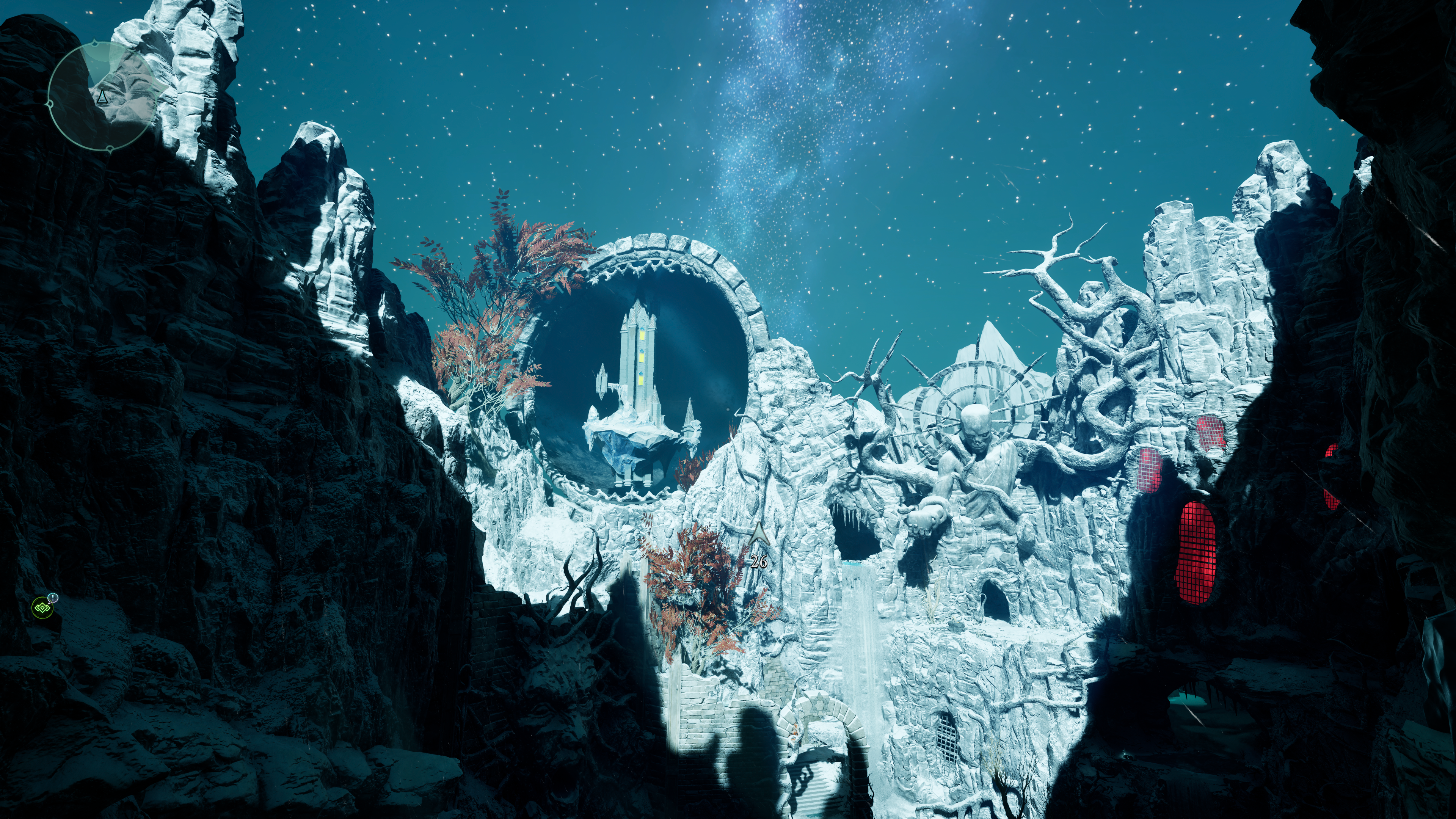 A floating tower in the distance of a mountainous, icy landscape in Avowed.