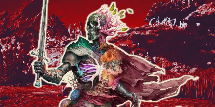 Avowed skeleton looking at word over red colorized background of a desert.