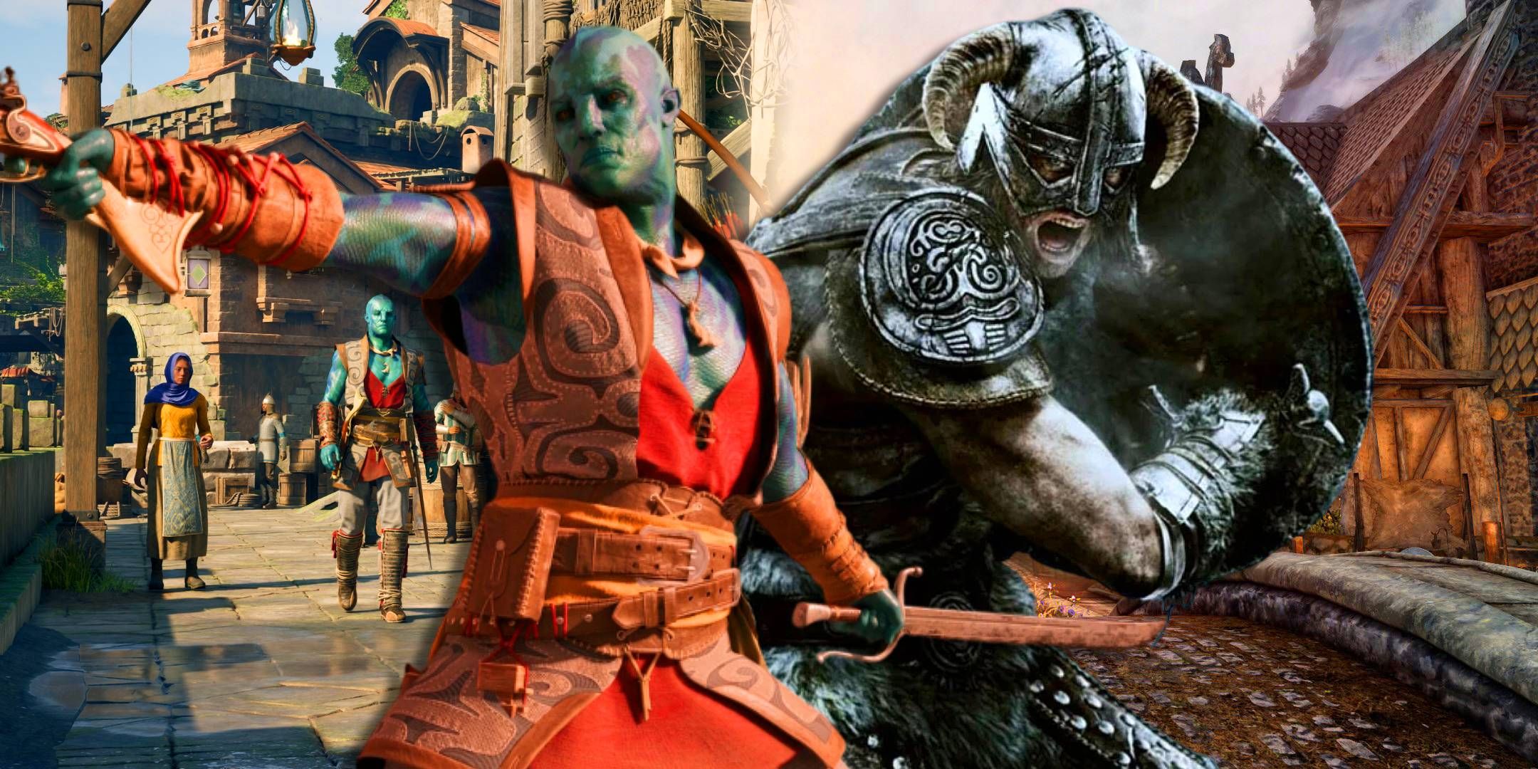 Kai from Avowed holding a sword next to the Dovahkin from Skryim.