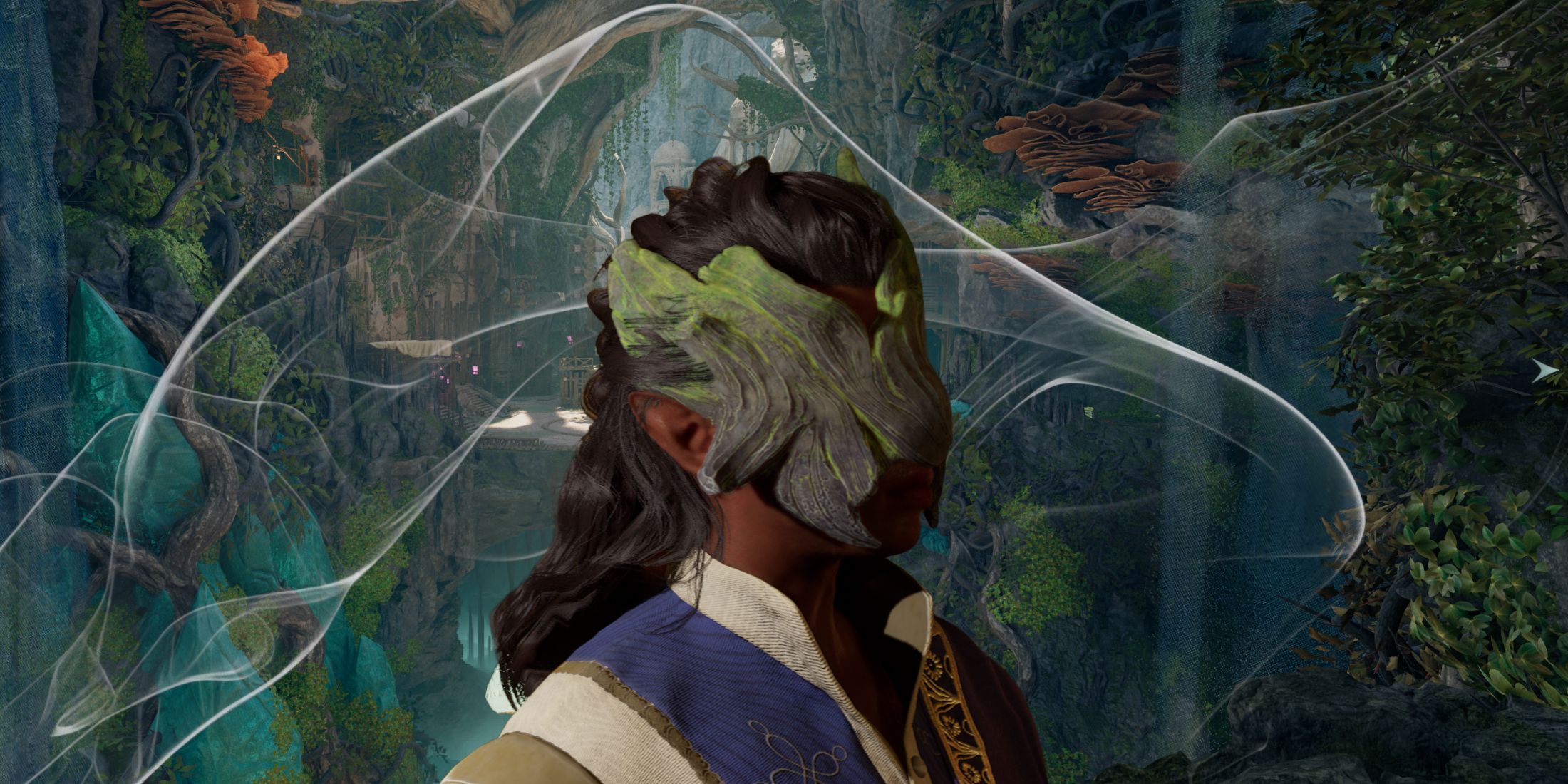 The protagonist with smoke in the background in Avowed