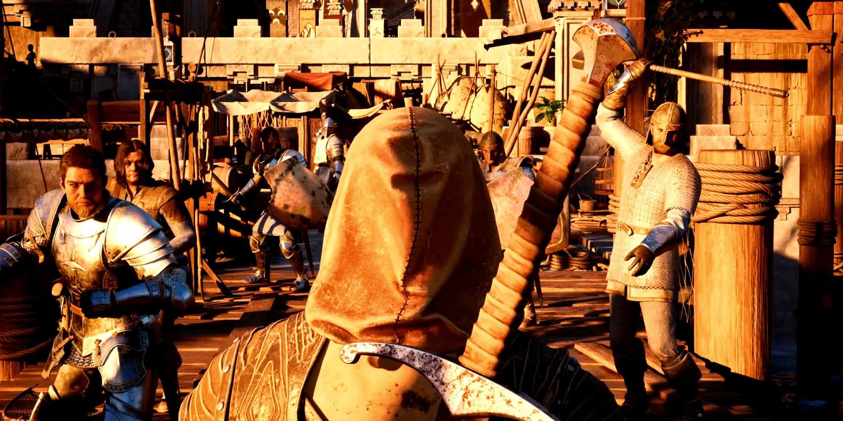 Shot of envoy from behind, walking across a bridghe with enemies drawing swords.