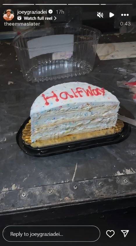 The Bachelor star Joey Graziadei's Instagram Story showing halfway cake on DWTS tour