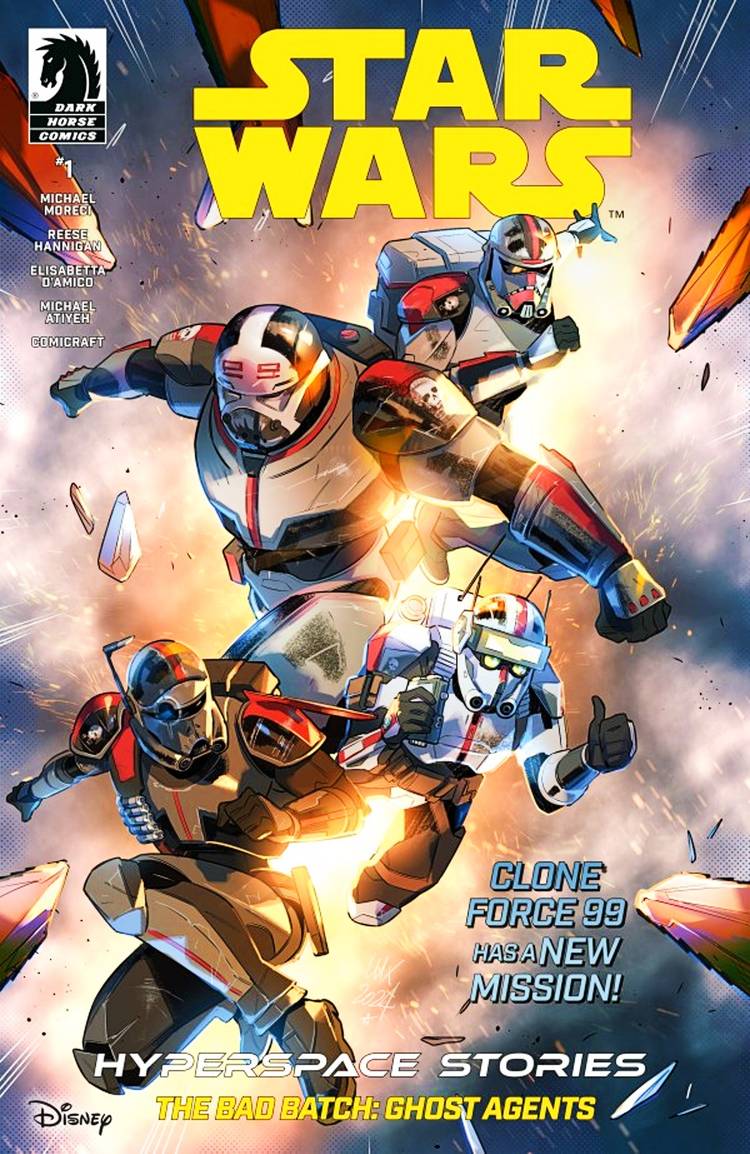 Bad Batch Ghost Agents #1 cover, the batch flying into action