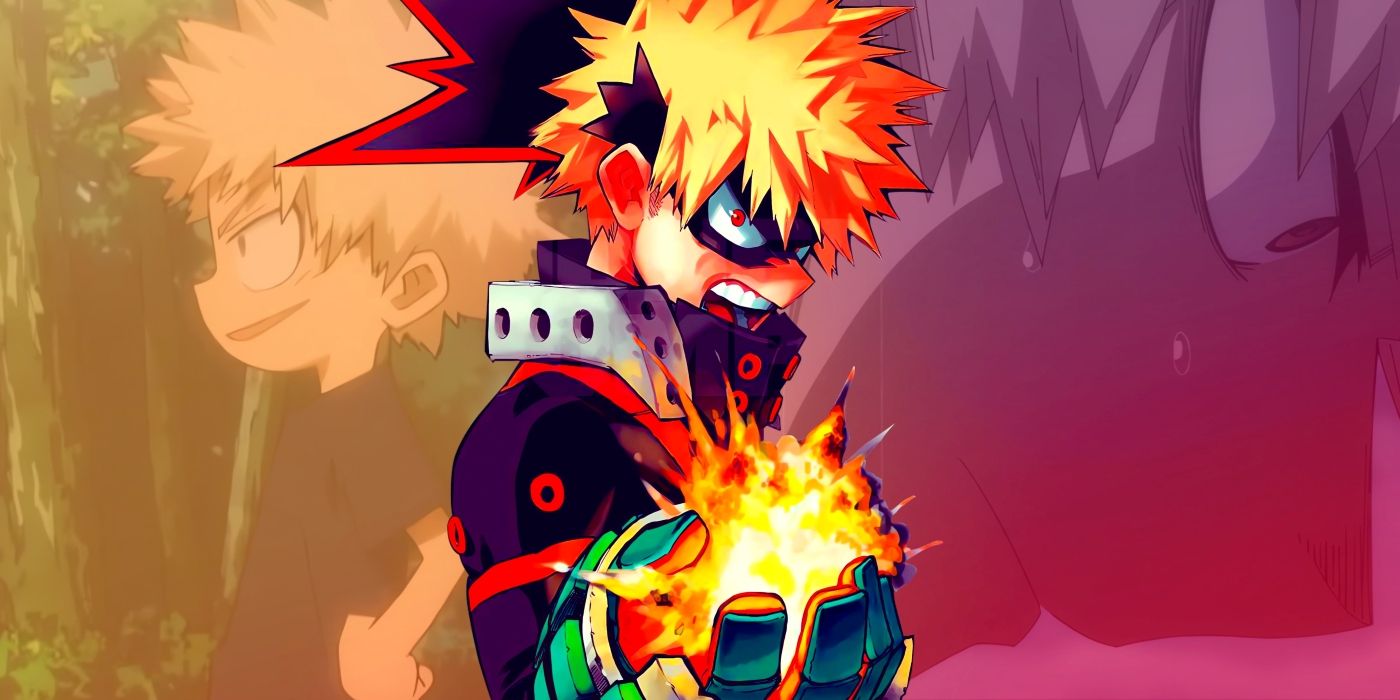 Bakugo creates and explosion while wearing his hero costume. Behind him, scenes of him as a child and crying can be seen.