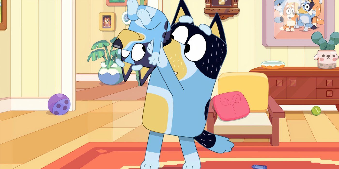 Banditas, laikydamas mėlyną aukštyn ir apverčiant aukštyn kojomis „Bluey Minisode“