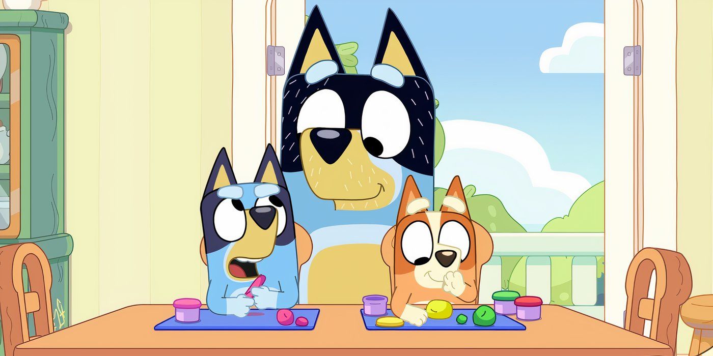 „Bandit“ kalbasi su „Bluey“, kai ji ir Bingo žaidžia su grojimu prie stalo „Bluey Minisode“