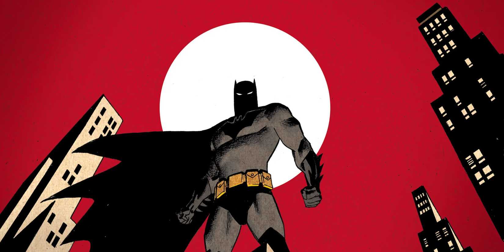 Batman, in a style inspired by Batman: The Animated Series, stands on a rooftop with the moon behind his head
