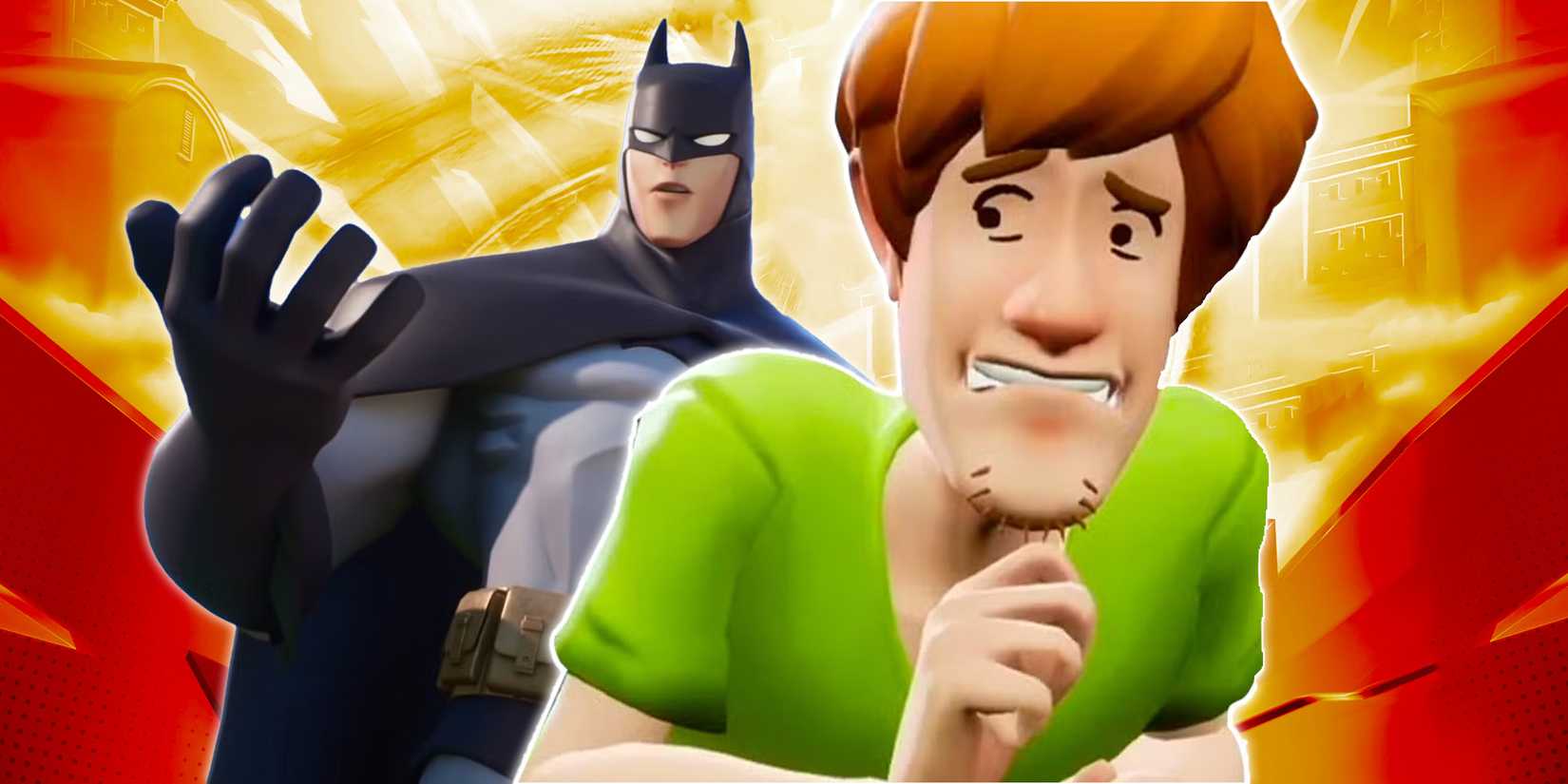 Shaggy looking worried with Batman behind him from Multiversus.