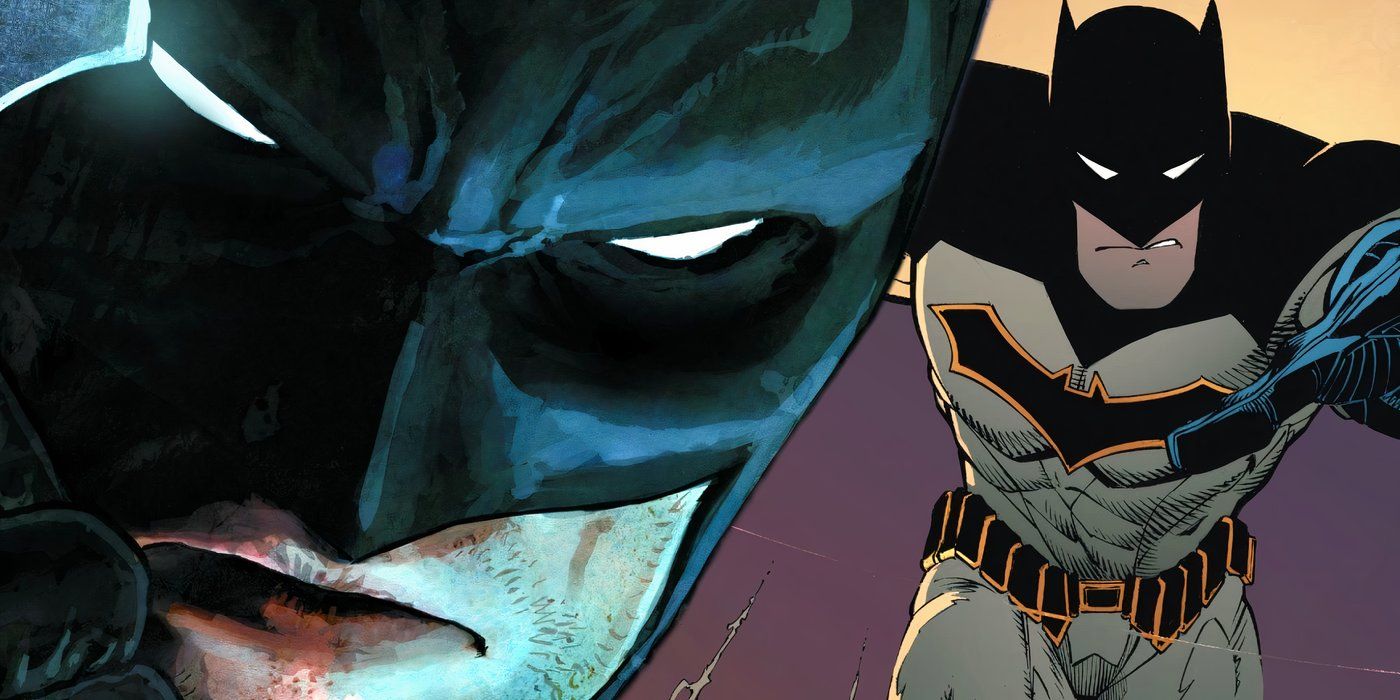 Batman Rebirth cover to the left and Batman in his Rebirth costume to the right