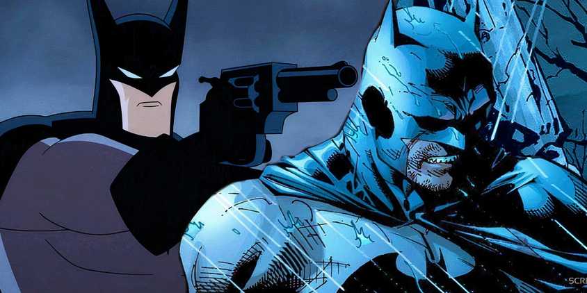 Batman with a gun to the left and in the rain to the right