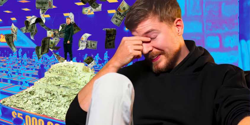 beast games star mrbeast looking upset with eyes closed in montage with pile of money in background