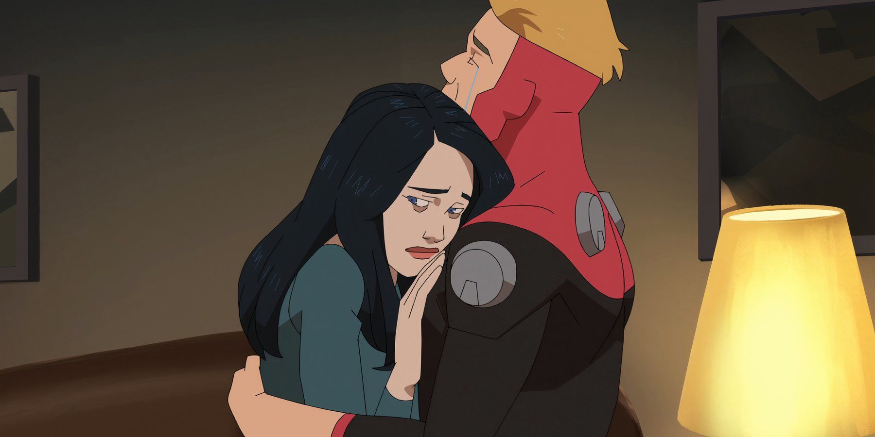 Becky and Scott Duvall (Powerplex) hugging emotionally in Invincible