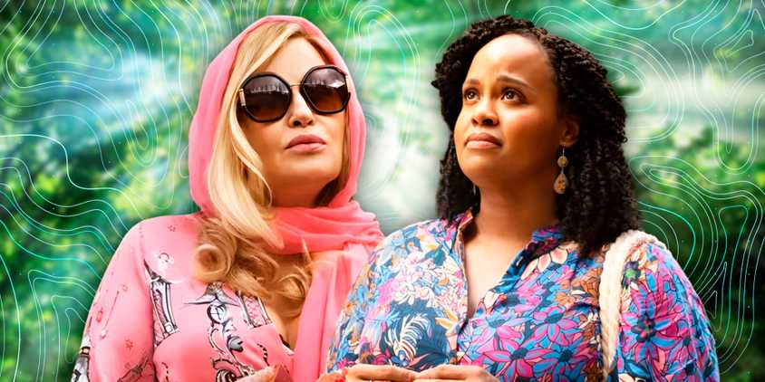 Tanya wearing a pink dress and head scarf and Belinda looking upset in The White Lotus