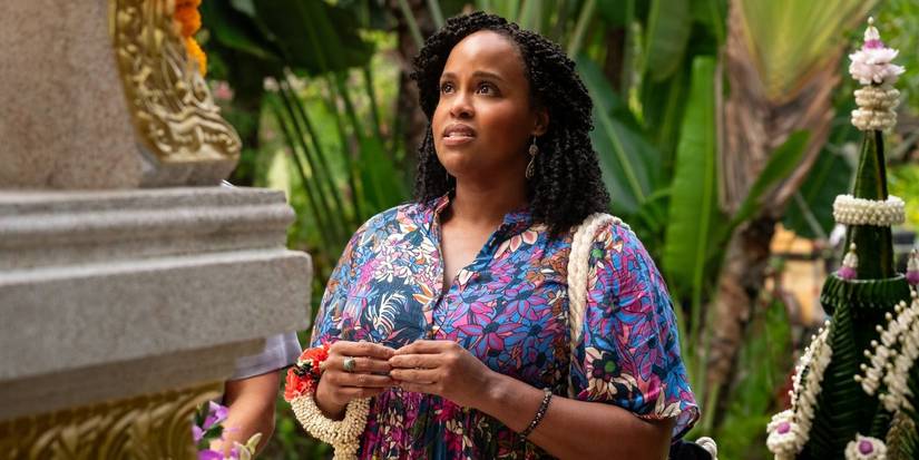 Belinda (Natasha Rothwell) looking apprehensive in White Lotus season 3, episode 1.