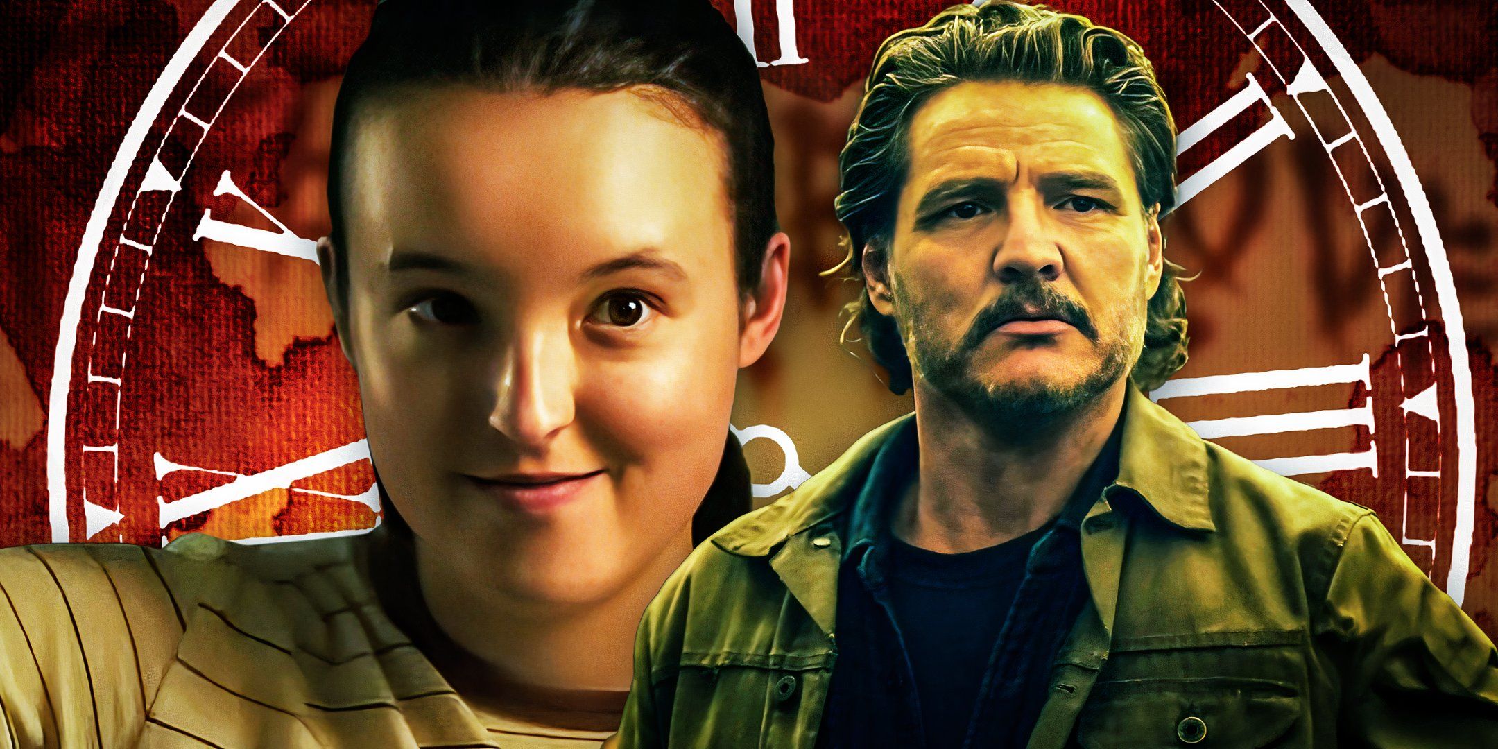 Bella Ramsey as Ellie smiling next to Pedro Pascal looking forward as Joel in The Last of Us with a clock behind them