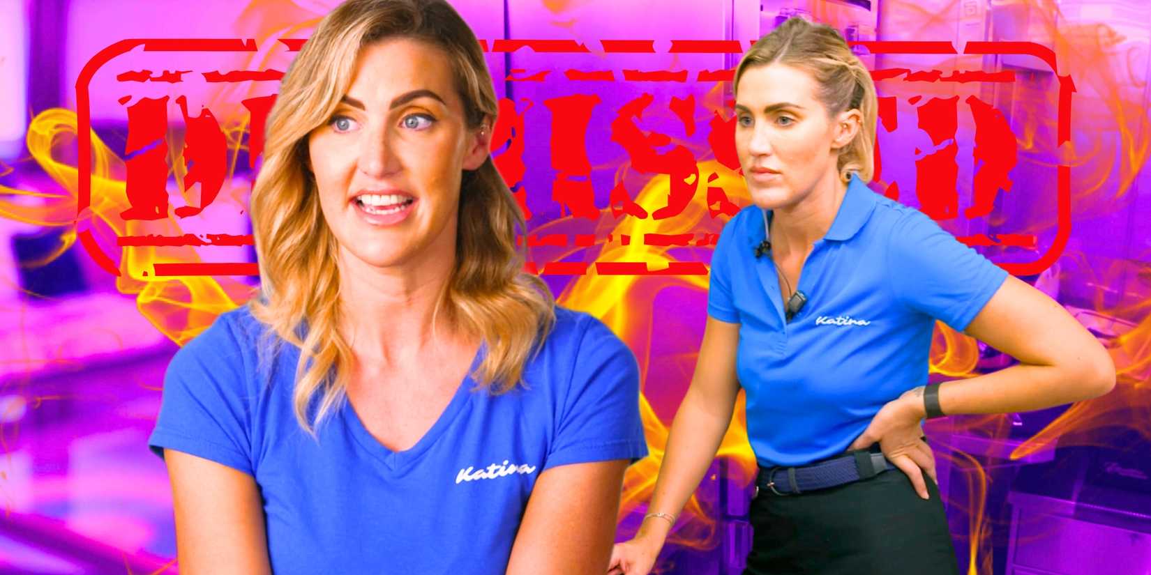 Below Deck Down Under Lara Rigby in side by side images from an interview and while working