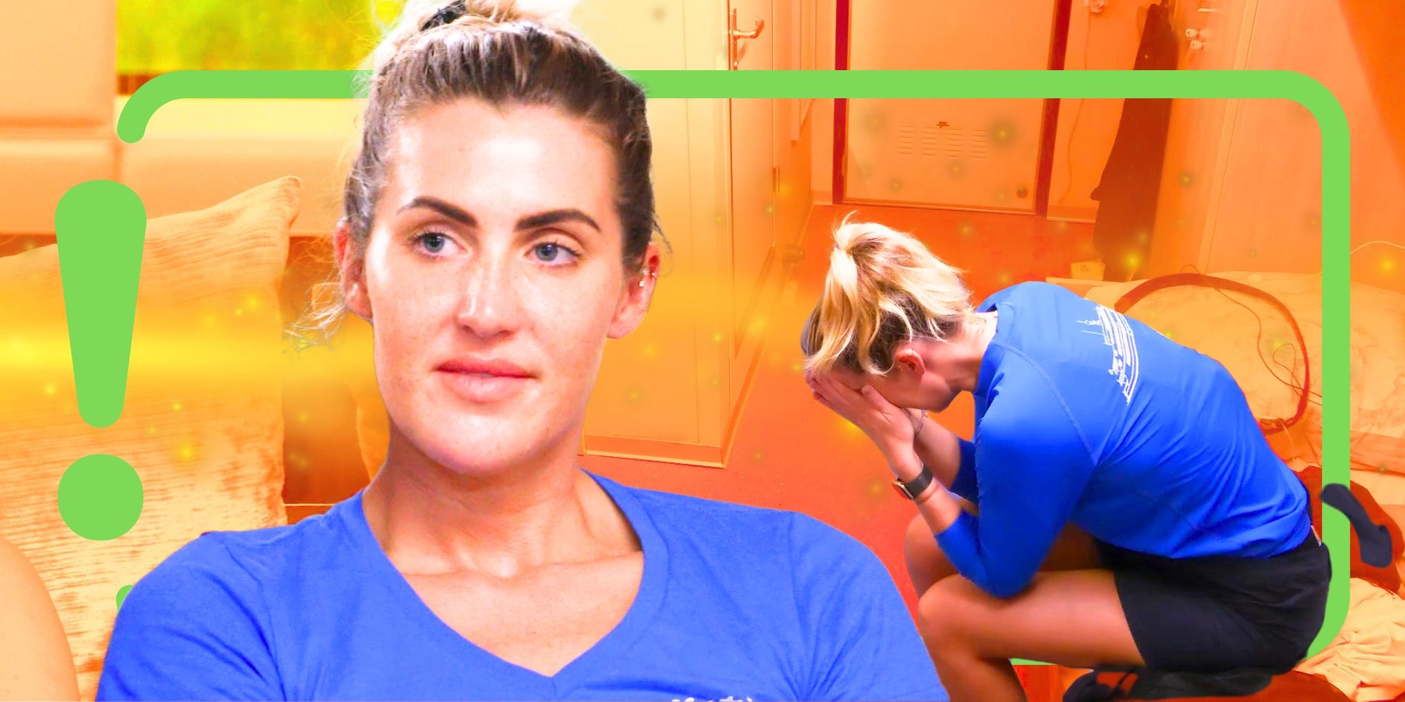 Below Deck Down Under’s Lara Rigby is serious and breaks down crying in a montage image.