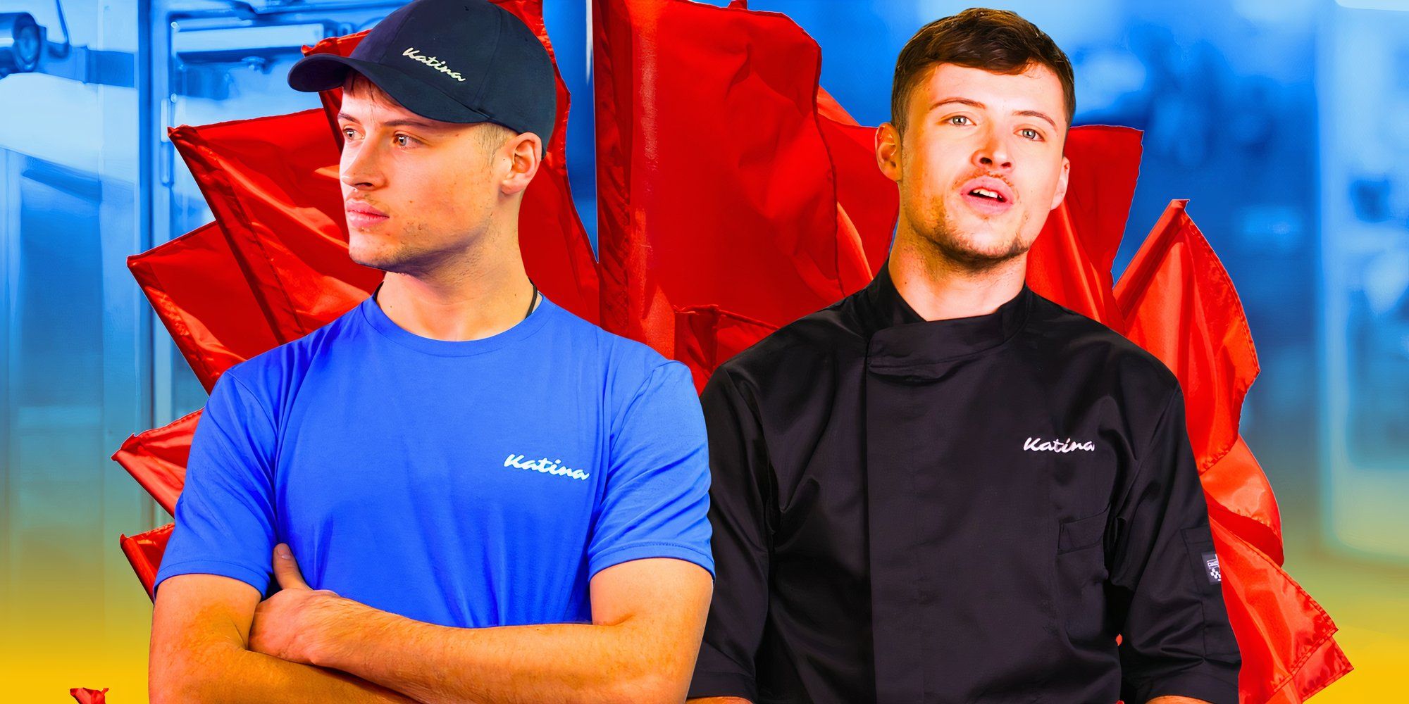 below deck down under sous chef anthony bird in montage with two serious poses and red flag background