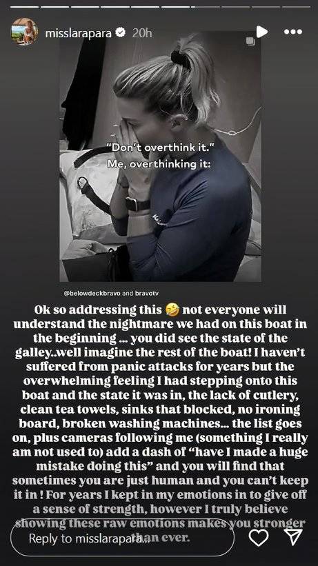 Below Deck Down Under star Lara Rigby's Instagram Story about her panic attack.