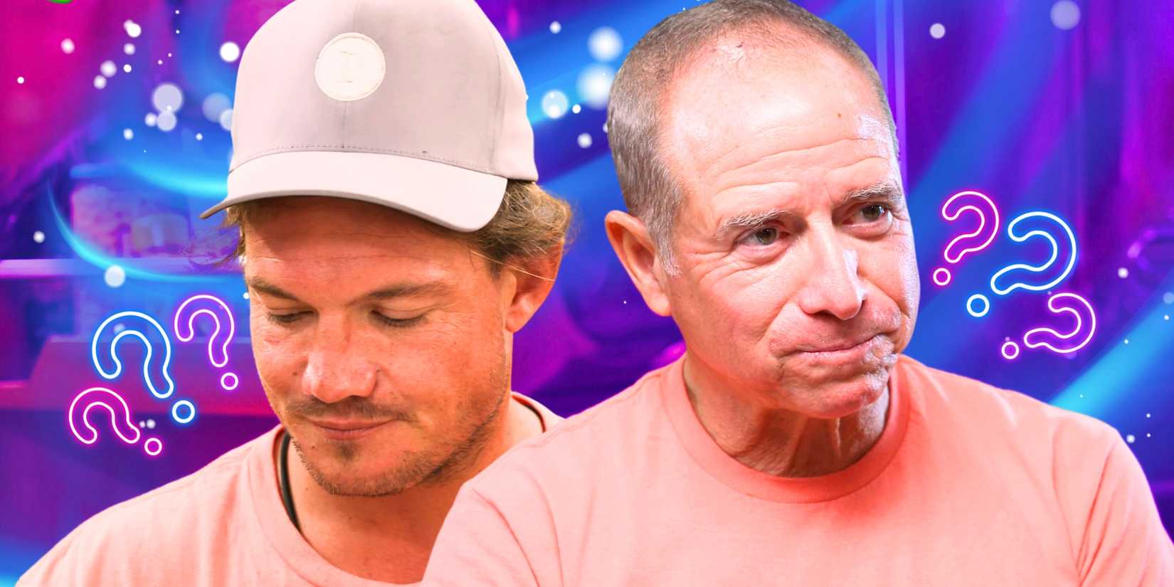 Below Deck Sailing Yacht's Captain Glenn Shephard and Gary King surrounded by question marks in front of a blue and purple background.