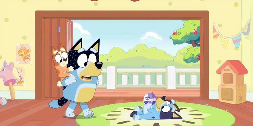 Bingo on Bandit's back while Bluey lays on the ground in a Bluey minisode