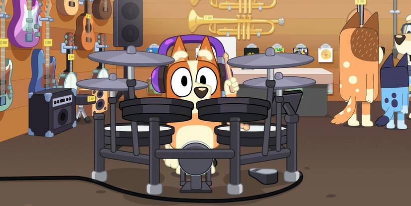 Bingo playing drums in a music store in a Bluey minisode