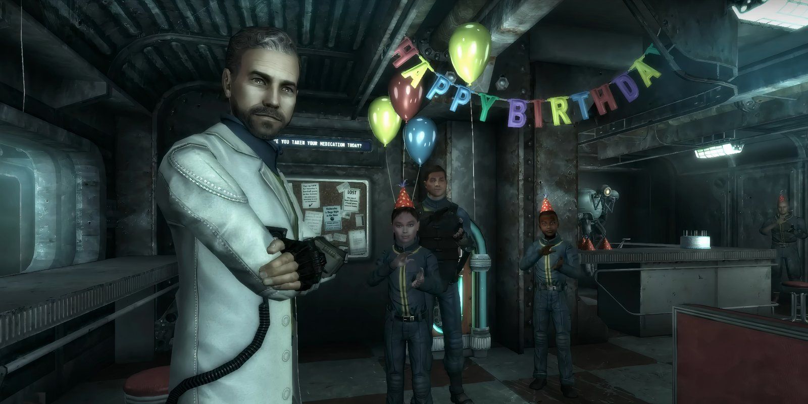 O pai do jogador os cumprimenta em sua festa de aniversário em Fallout 3