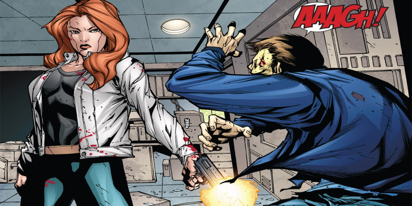 Black Widow shoots Samuel Sterns (the Leader) in the leg in Avengers Fury's Big Week