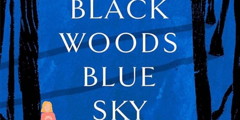 Black Woods Blue Sky cover featuring a blue background, black trees, and a blonde girl