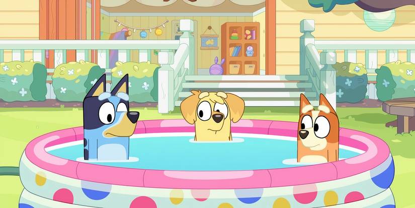 Bluey and her family in a whirlpool in a Bluey minisode
