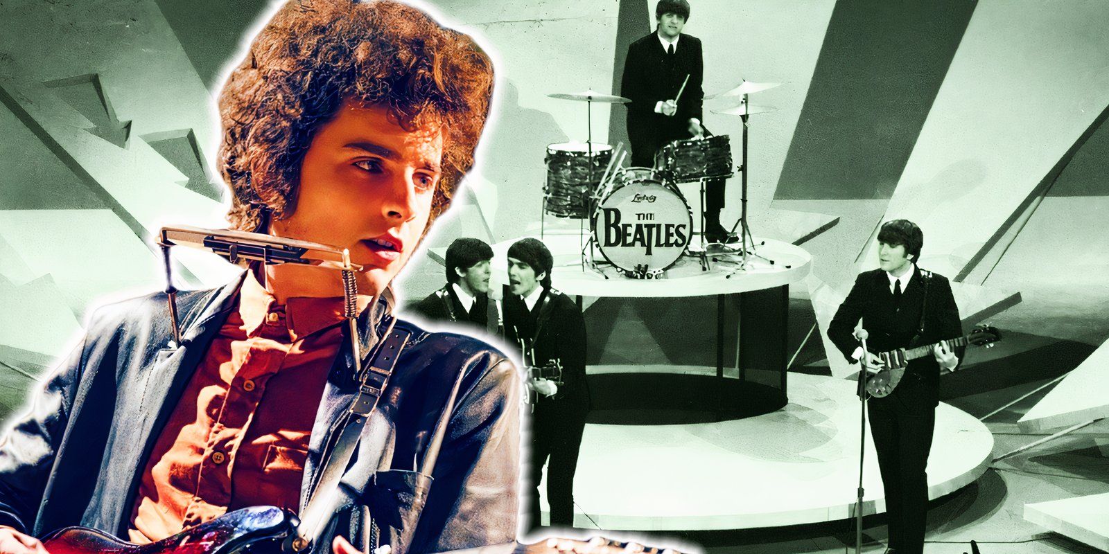 Bob Dylan from A Complete Unknown is in front of The Beatles from Beatles '64