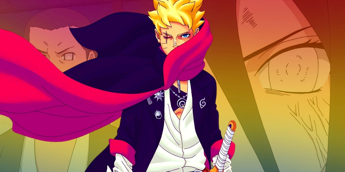 Boruto hiding his face with his cloak. Behind him, Hiashi and Hanabi can be seen.