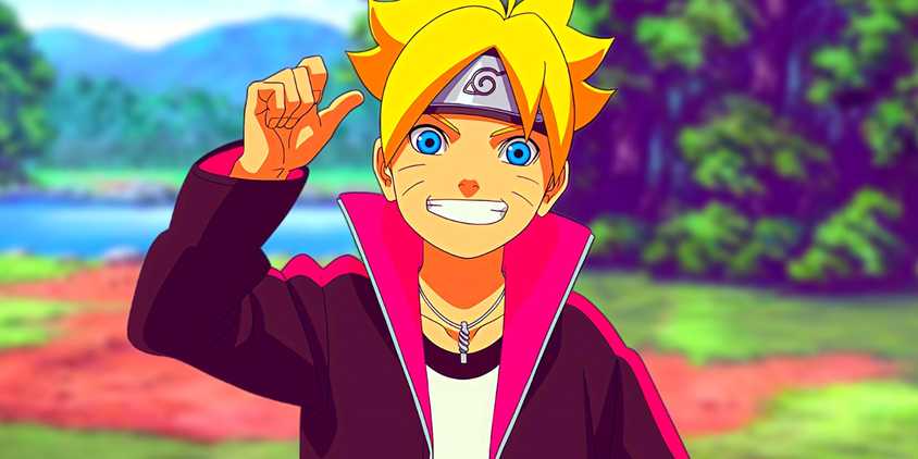 Boruto smiling while pointing to his headband. Behind him, a forest of Konoha can be seen.