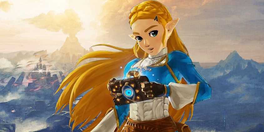 Princess Zelda with the Sheikah Slate and Breath of the Wild's Hyrule in the background.