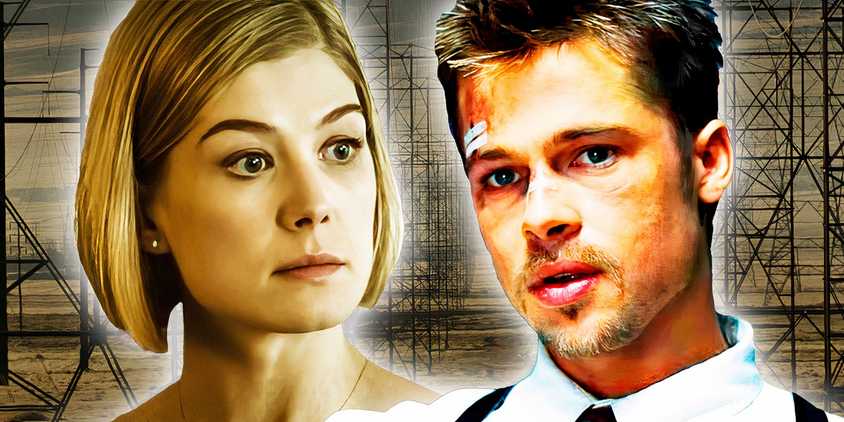 An edited image of Brad Pitt in Se7en and Rosamund Pike in Gone Girl.