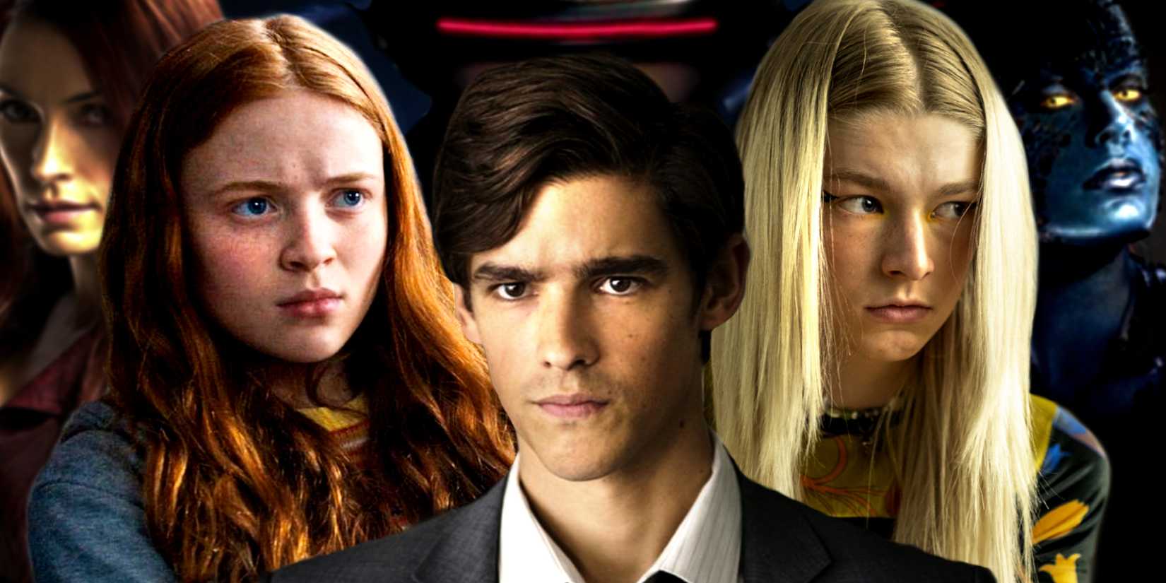 Brendon Thwaites, Sadie Sink, and Hunter Schafer posing in front of the original Fox X-Men movies' Cyclops, Jean Grey, and Mystique
